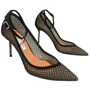 Aquazzura $925 Black Lace Pointed-Toe Heels With Ankle Strap Size 8 New